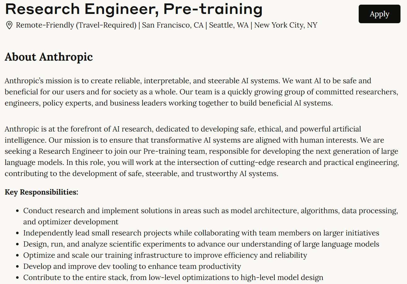Anthropic Research Engineer 招聘页面截图
